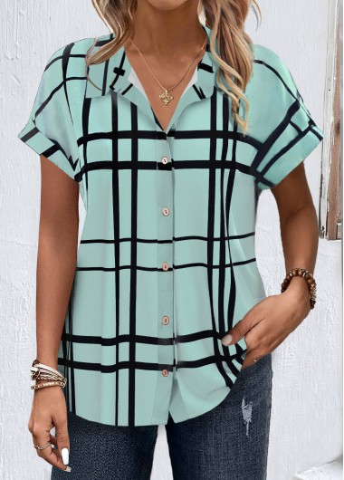 ROTITA Button Plaid Light Green Shirt Collar Blouse