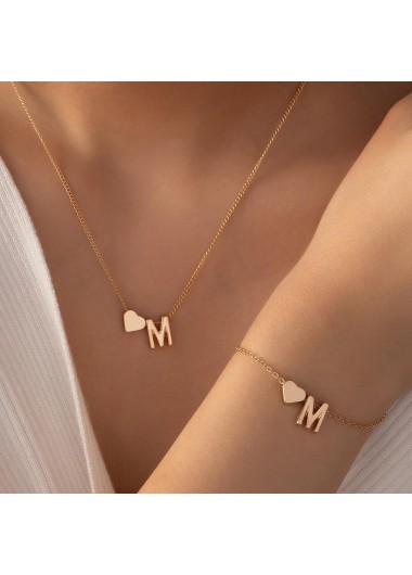 Metal Gold Heart Letter Necklace and Bracelet