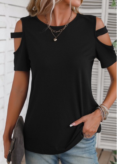 Cut Out Black Round Neck T Shirt