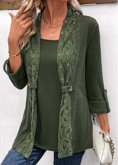 ROTITA Fake 2in1 Olive Green Round Neck T Shirt