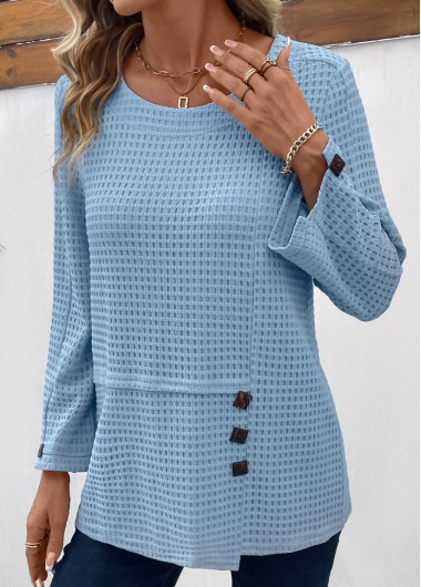 ROTITA Button Light Blue Round Neck Long Sleeve T Shirt