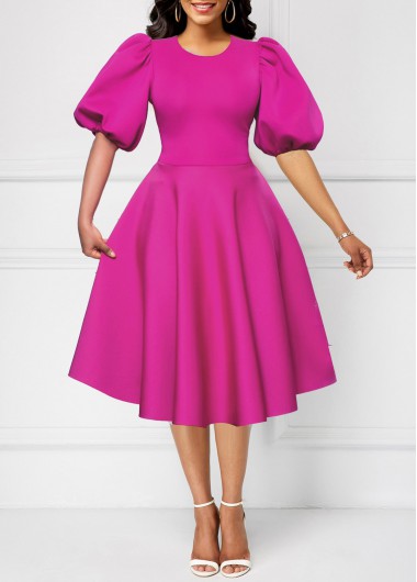 ROTITA New Year Umbrella Hem Hot Pink Round Neck Dress