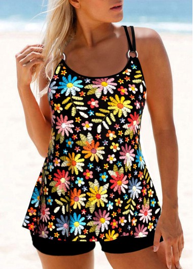 ROTITA Circular Ring Black Floral Print Tankini Top