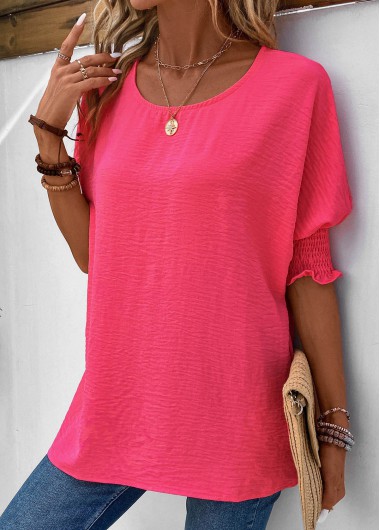 ROTITA Smocked Hot Pink Round Neck T Shirt