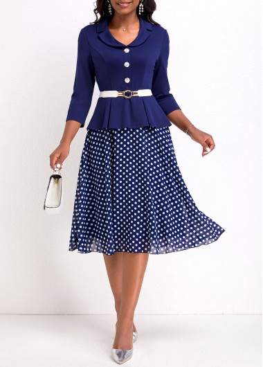 ROTITA Fake 2in1 Polka Dot Navy Lapel Dress