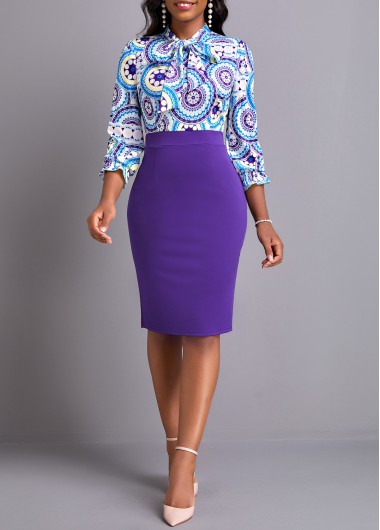 ROTITA Bowknot Tribal Print Purple Tie Collar Bodycon Dress