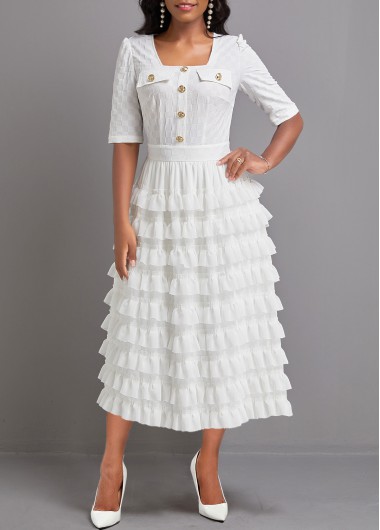 ROTITA Lightweight White Square Neck Half Sleeve Maxi Dress