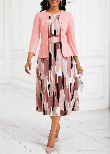 ROTITA Two Piece Pink Belted Round Neck Dress and Cardigan