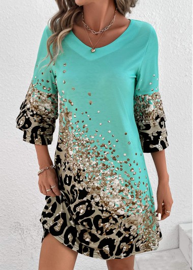 Printed Non-sequined Leopard Cyan Shift Dress