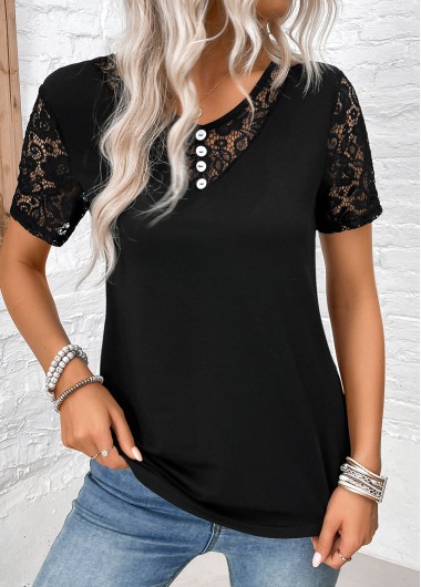 ROTITA Lace Black V Neck Short Sleeve T Shirt