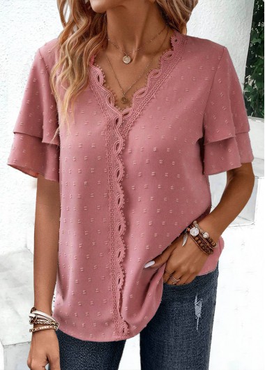 ROTITA Lace Pink V Neck Short Sleeve Blouse