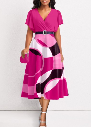 ROTITA Umbrella Hem Geometric Print Hot Pink Dress