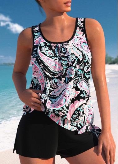 ROTITA Bowknot Black Paisley Print Mid Waisted Tankini Set