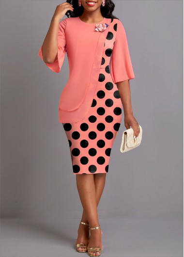 ROTITA Asymmetry Polka Dot Coral Round Neck Bodycon Dress