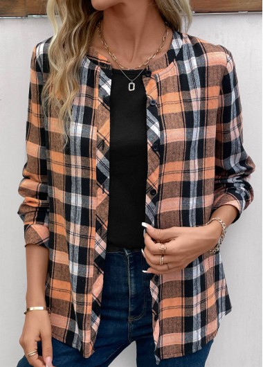 ROTITA Button Plaid Orange Round Neck Long Sleeve Blouse