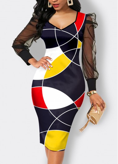 ROTITA Mesh Geometric Print Multi Color Bodycon Dress
