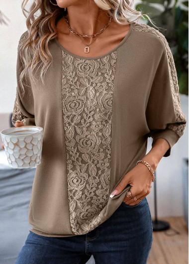 ROTITA Light Coffee Patchwork Round Neck T Shirt