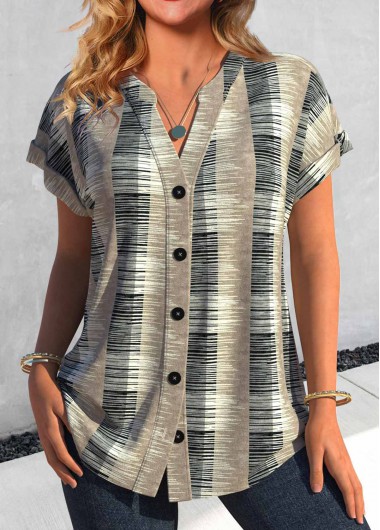 ROTITA Button Geometric Print Light Camel Split Neck Blouse