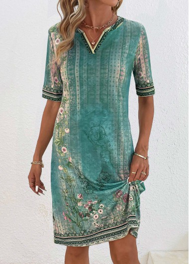Patchwork Floral Print Green Shift Dress