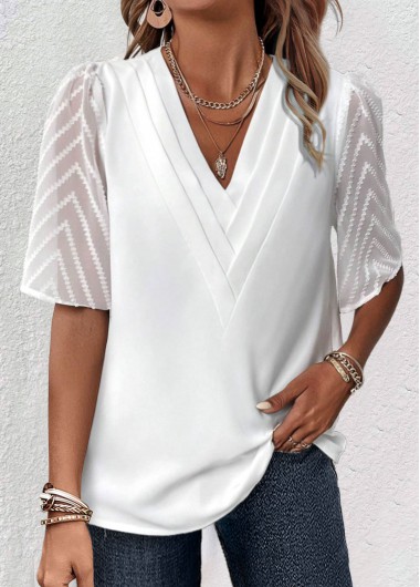 ROTITA Patchwork White V Neck Half Sleeve Blouse