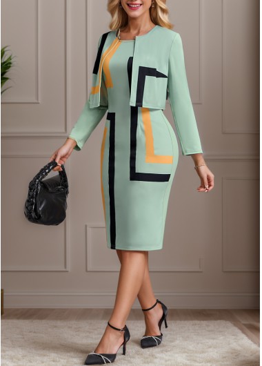 ROTITA Two Piece Geometric Print Sage Green Dress and Cardigan