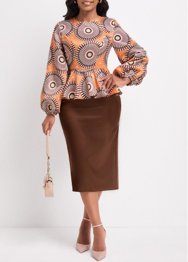 ROTITA Patchwork Tribal Print Orange Round Neck Dress