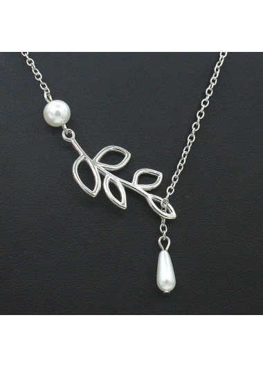 Leaf Pearl Asymmetric Hollow Silvery White Necklace