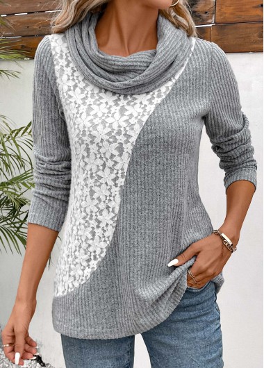 ROTITA Patchwork Light Grey Cowl Neck Long Sleeve Sweatshirt