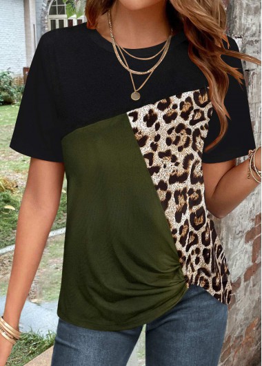 ROTITA Patchwork Leopard Green Round Neck T Shirt