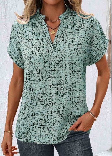 ROTITA Split Geometric Print Sage Green Short Sleeve Blouse