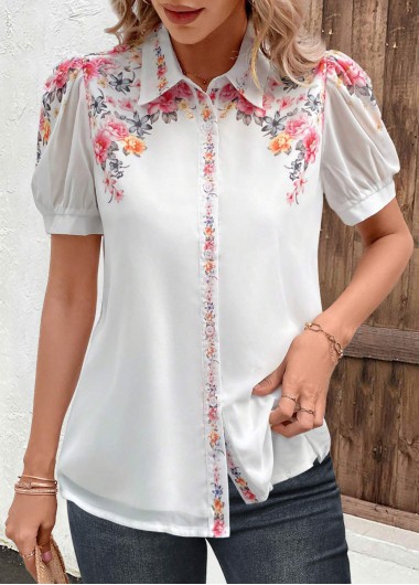ROTITA Valentine's Day Button Floral Print White Shirt Collar Blouse