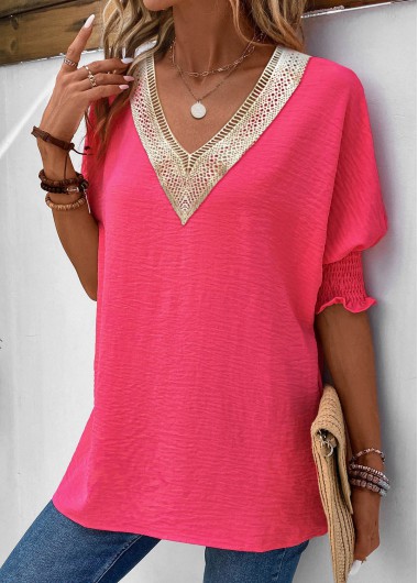 ROTITA Smocked Hot Pink V Neck T Shirt