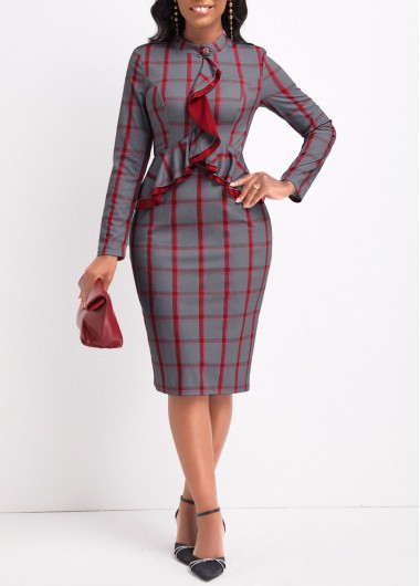 ROTITA Ruffle Plaid Red Stand Collar Long Sleeve Bodycon Dress