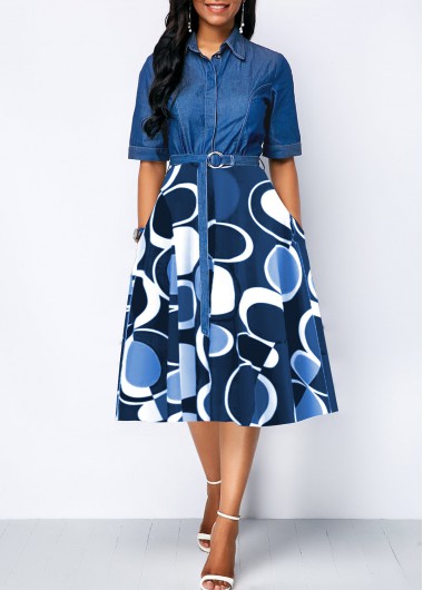 ROTITA Circular Ring Geometric Print Denim Blue Belted Dress
