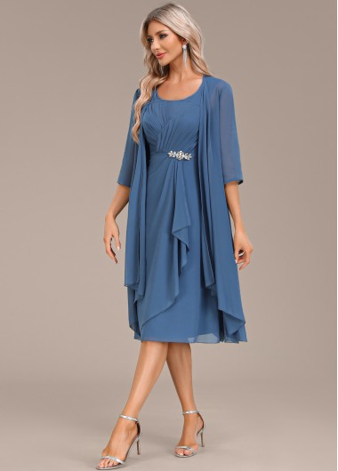 ROTITA Hot Drilling Blue Two Piece Suit Dress and Cardigan