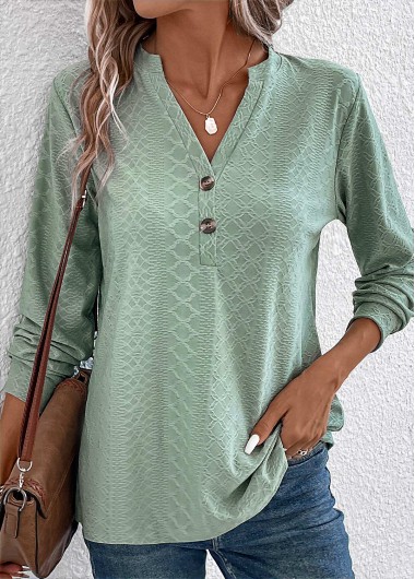 Button Green Split Neck Long Sleeve T Shirt