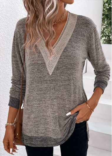 Patchwork Light Camel V Neck Long Sleeve T Shirt