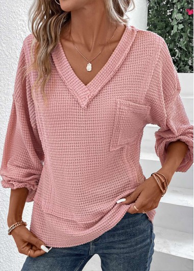 Patchwork Pink V Neck Long Sleeve T Shirt