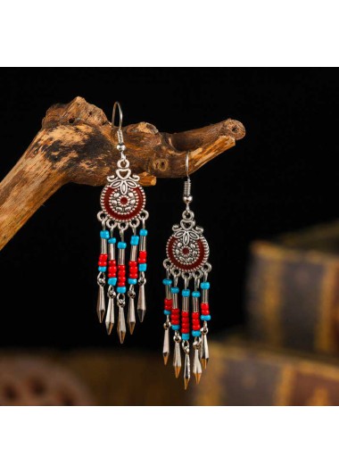 Round Geometric Tassel Design Red Earrings