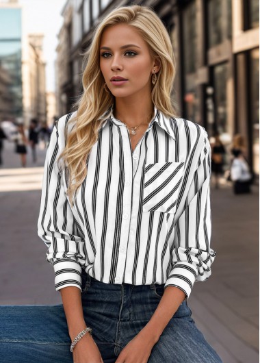 ROTITA Pocket Striped White Shirt Collar Long Sleeve Blouse