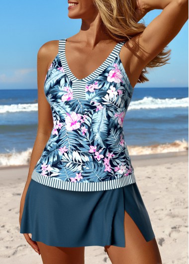 ROTITA Patchwork Peacock Blue Tropical Plants Print Tankini Set