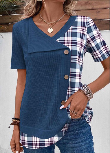 ROTITA Patchwork Plaid Blue V Neck T Shirt