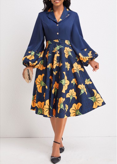 ROTITA Umbrella Hem Leaf Print Navy V Neck Dress