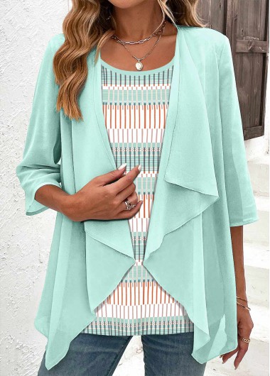 ROTITA Fake 2in1 Geometric Print Mint Green Blouse