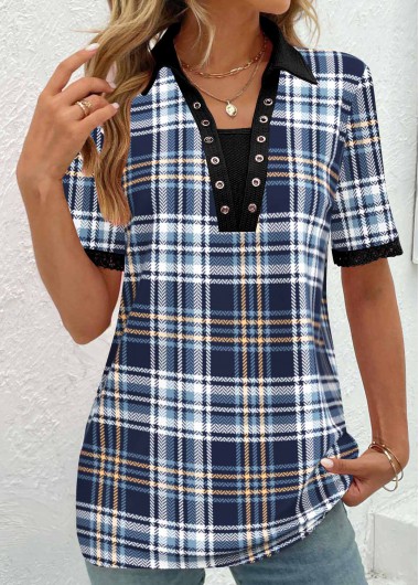 ROTITA Eyelet Plaid Blue V Neck T Shirt