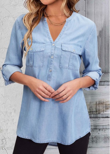 ROTITA Pocket Denim Blue Split Neck Long Sleeve Blouse