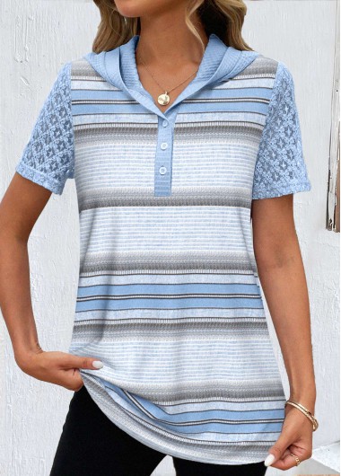 ROTITA Lace Striped Light Blue Hooded T Shirt