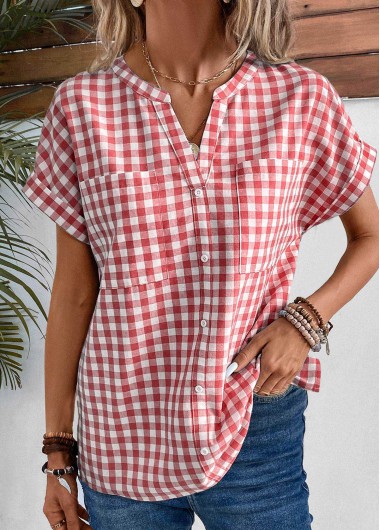 ROTITA Pocket Plaid Red Split Neck Short Sleeve Blouse