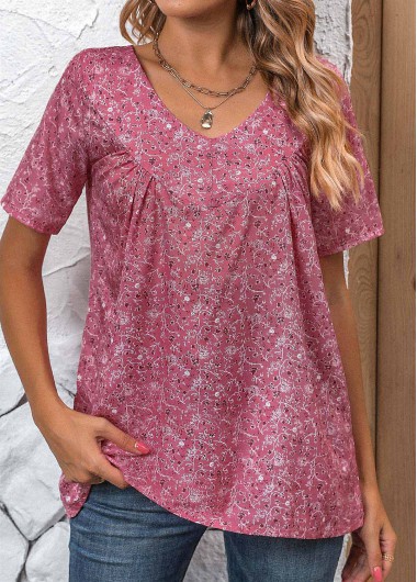 ROTITA Ruched Ditsy Floral Print Pink V Neck Blouse