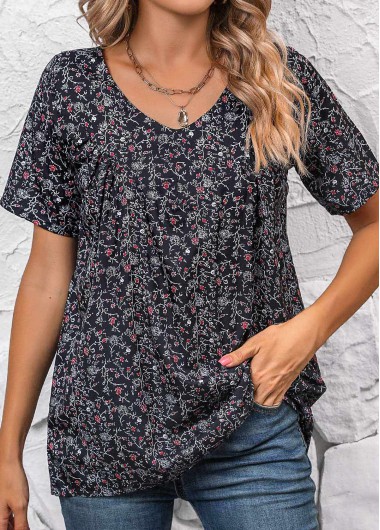 ROTITA Ruched Ditsy Floral Print Black V Neck Blouse